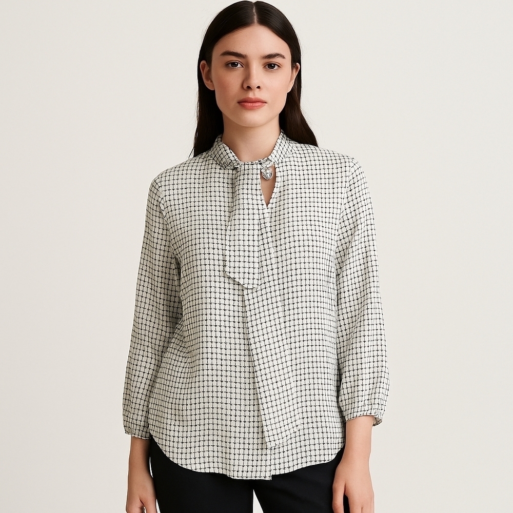 Adrianna Papell Tie Neck Houndstooth Print Blouse Size M | NWT